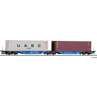 Containertragwagen Sggmrss der NACCO, beladen mit zwei 40&lsquo;-Containern, Ep. VI