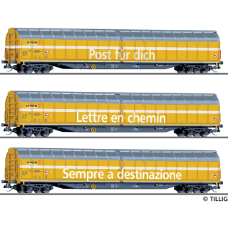 G&uuml;terwagenset der Schweizer Post, bestehend aus drei Schiebewandwagen Habbiillnss, Ep. VI