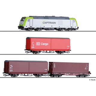 Einsteiger-Set: G&uuml;terzug der DB AG bestehend aus Diesellokomotive &bdquo;TRAXX&ldquo;, zwei Schiebewandwagen Hbis-tt und einem Containertragwagen Sgmmns mit 40&lsquo;-Container, Ep. VI